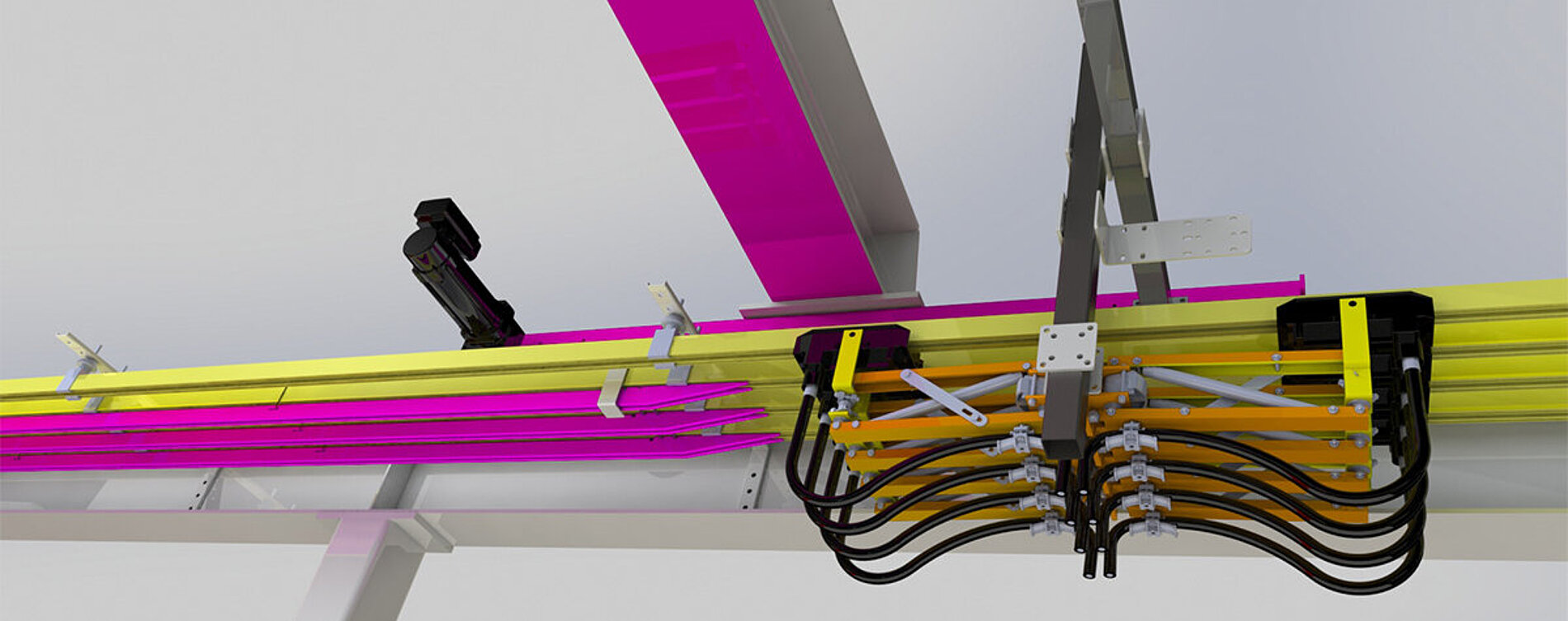 3D rendering of the Safe-T Crane system installed along crane runway rails inside an industrial facility.